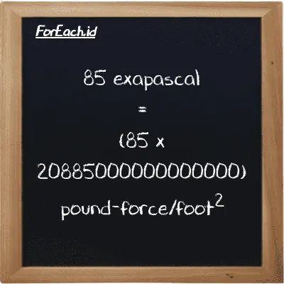 How to convert exapascal to pound-force/foot<sup>2</sup>: 85 exapascal (EPa) is equivalent to 85 times 20885000000000000 pound-force/foot<sup>2</sup> (lbf/ft<sup>2</sup>)